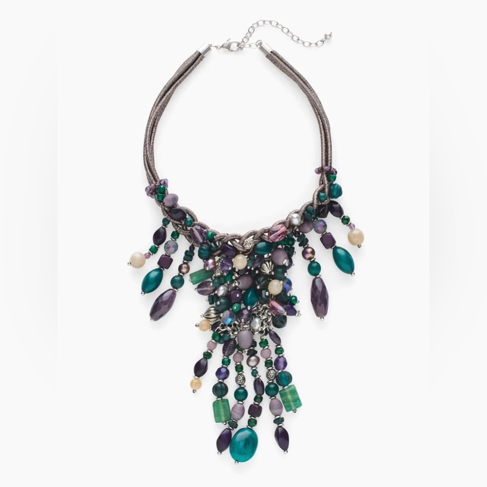 NWOT Chico’s Green Purple Silver Statement Beaded Bib Necklace